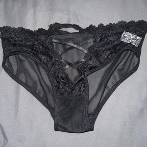 Knotty knickers black mesh underwear with lace and cross stichting above crotch